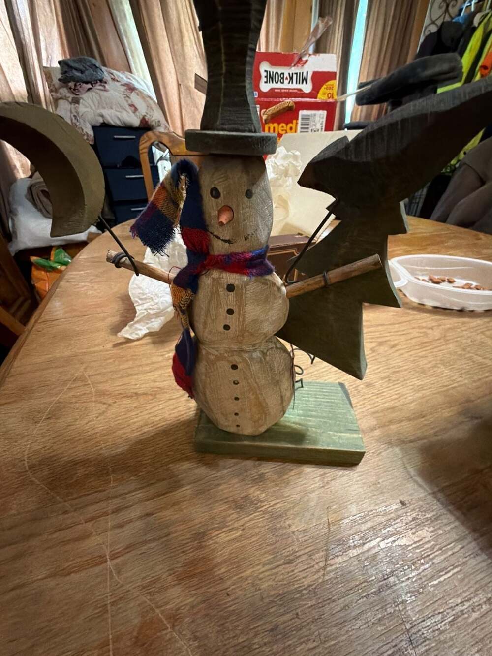 Primitive Folk Art Hand-Carved Wooden Snowman Figurine with Scarf and Tree